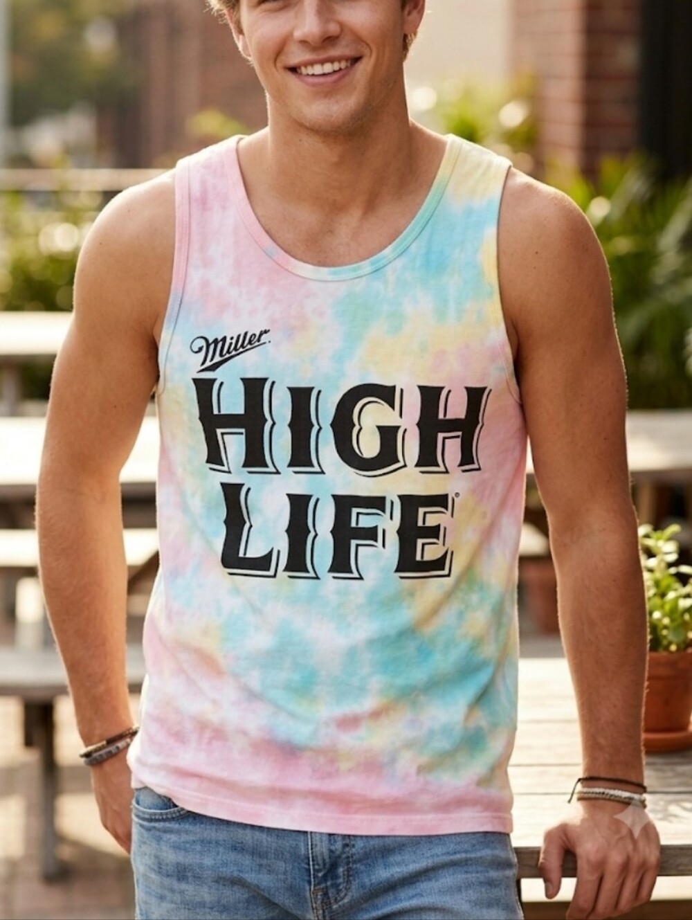 Miller High Life Tie-Dye Tank Top - Pastel Rainbow Mens Size Small Retro